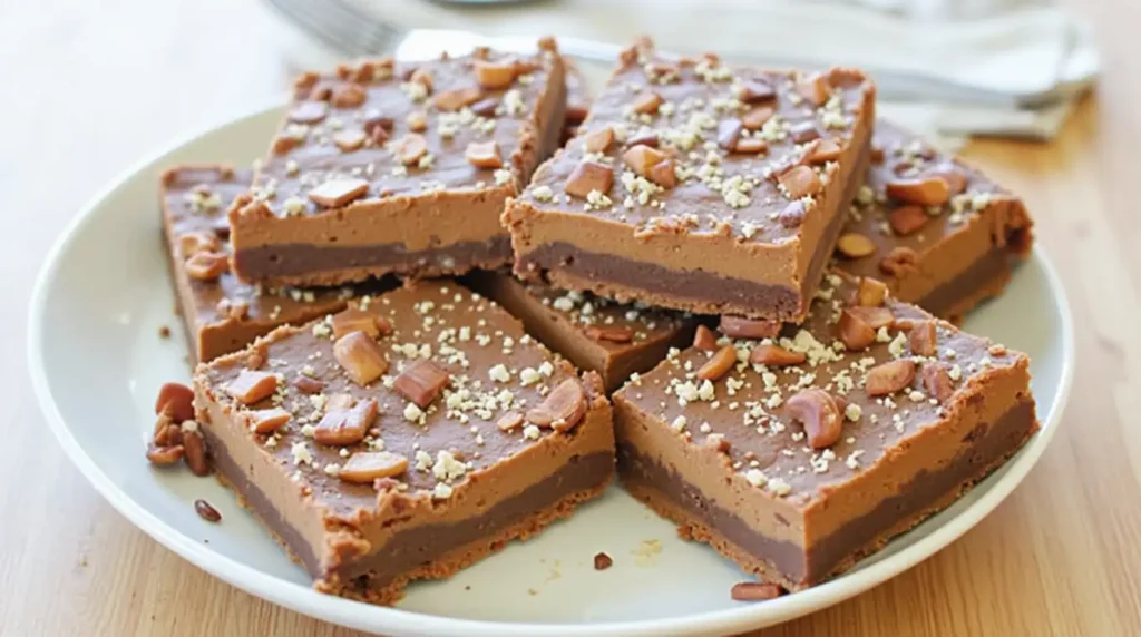 Stacked homemade Twix bars with layers of shortbread, gooey caramel, and smooth milk chocolate.