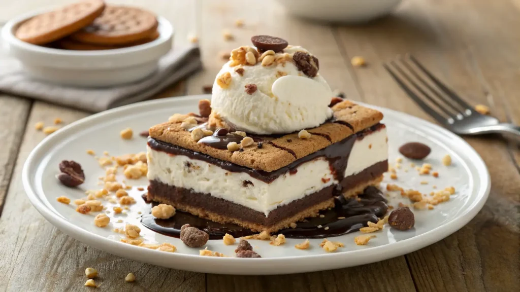A plated slice of hot fudge ice cream bar dessert topped with chocolate drizzle and a cherry, served on a white plate next to a coffee mug.