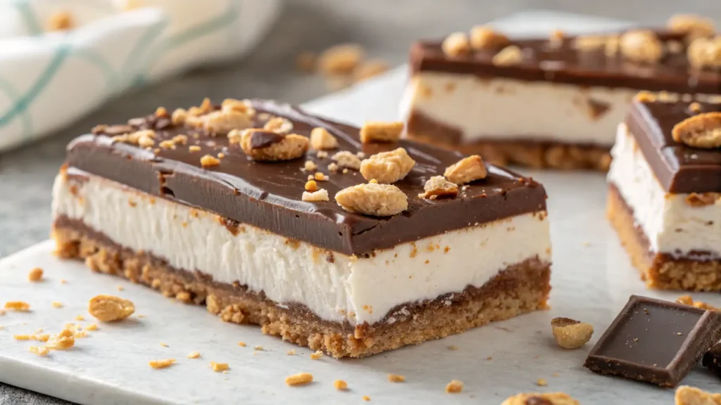 A layered slice of hot fudge ice cream bar dessert with vanilla ice cream sandwiches, whipped topping, fudge sauce, and chopped peanuts