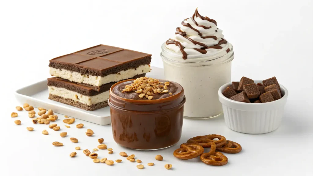 Ingredients for Hot Fudge Ice Cream Bar Dessert including ice cream sandwiches, whipped topping, hot fudge sauce, and chopped peanuts arranged on a counter.