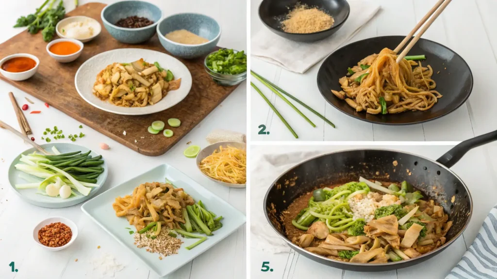 Step-by-step process of cooking Pad See Ew in a skillet with rice noodles, vegetables, and sauce