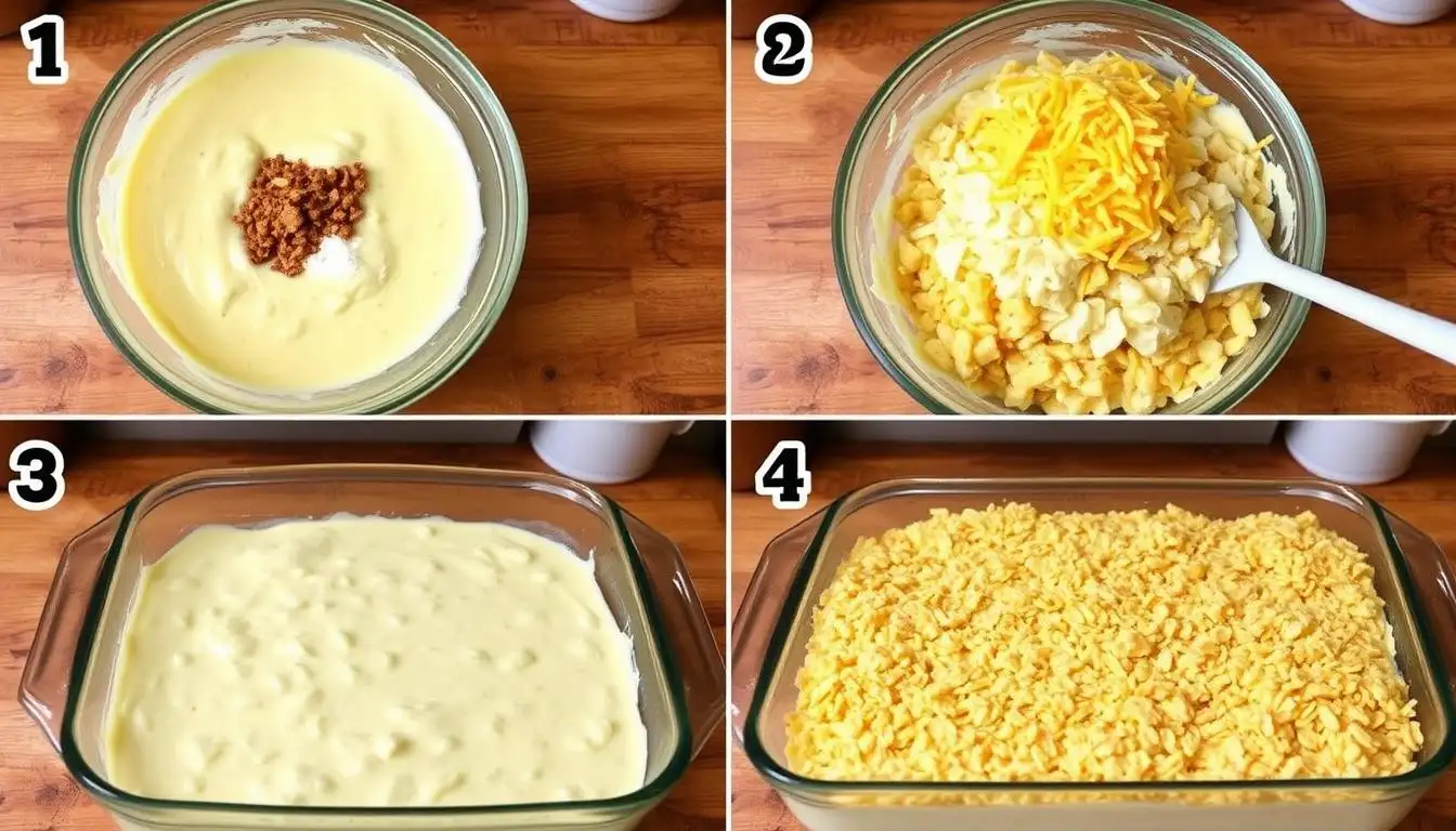 Step-by-step preparation of classic funeral potatoes with cheese, hash browns, sour cream, and crunchy topping.