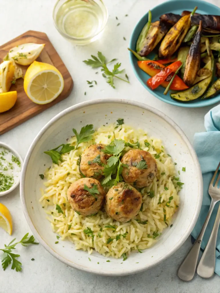 Lemon chicken ricotta meatballs served over herbed orzo with roasted vegetables and lemon slices on a ceramic plate