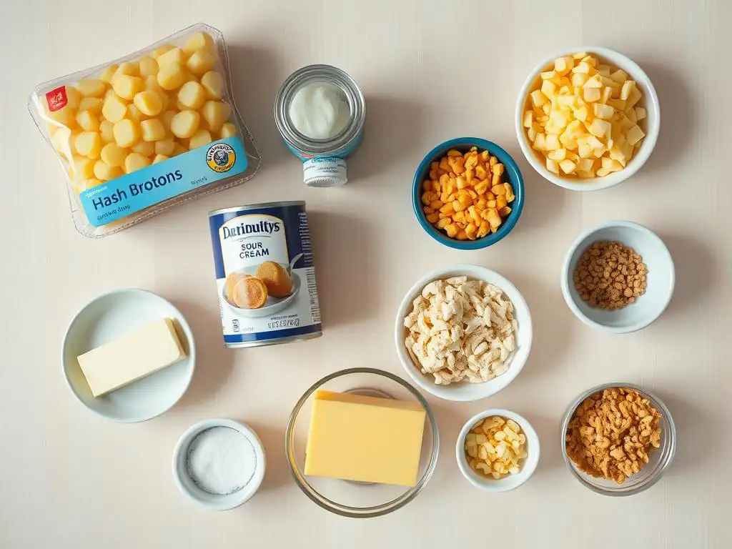 Ingredients neatly arranged for making funeral potatoes, including shredded hash browns, cheese, sour cream, cream of chicken soup, butter, and cornflakes.