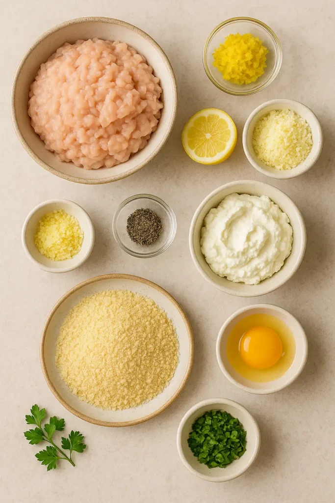 Raw ingredients for lemon chicken ricotta meatballs arranged in ceramic bowls on a neutral background.