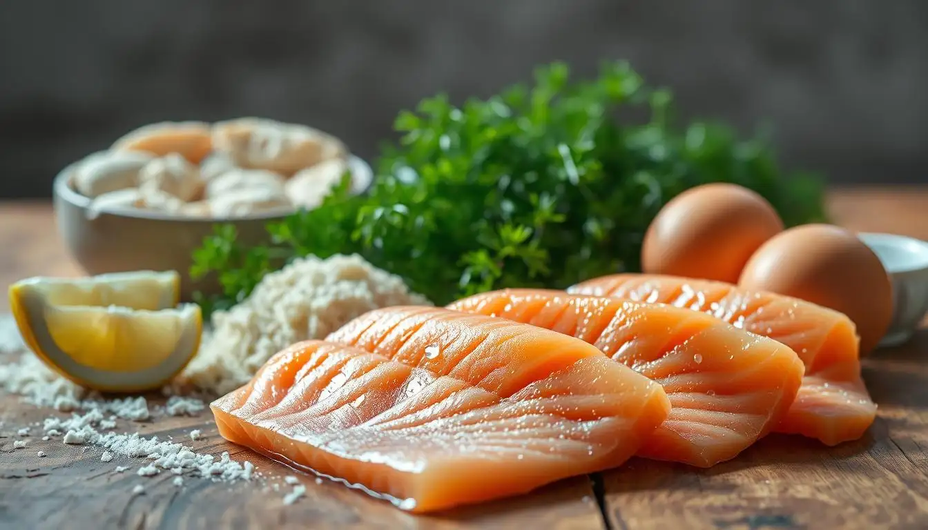 Essential binding ingredients for homemade salmon cakes, including eggs, mayo, mustard, and breadcrumbs.