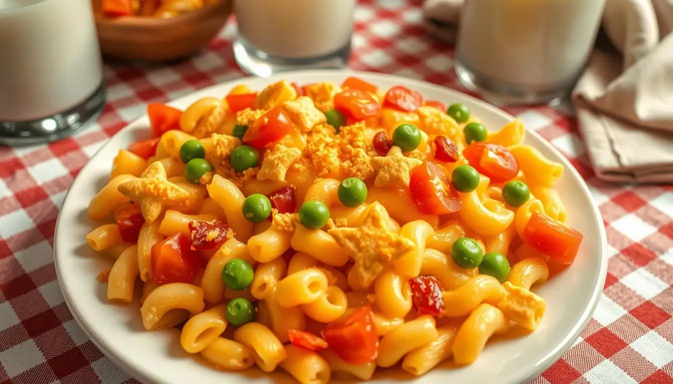 Bowl of creamy, cheesy mac and cheese served in a kid-sized portion with a colorful spoon