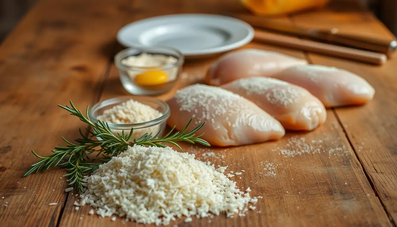 Essential ingredients for making Longhorn Parmesan Crusted Chicken, including chicken breasts, grated Parmesan, breadcrumbs, garlic, and seasoning spices arranged on a rustic kitchen surface.