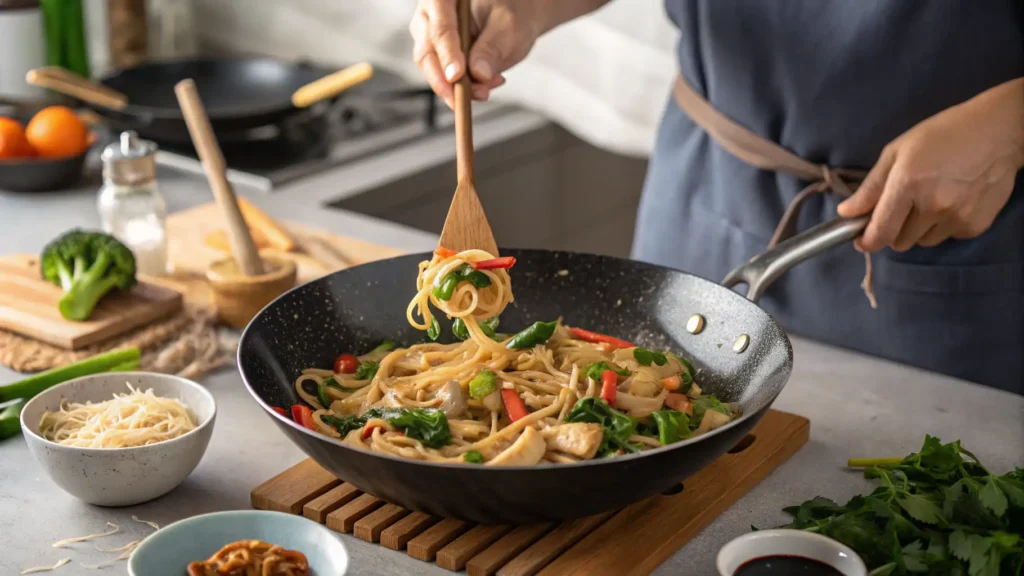 Cooking Pad See Ew in a hot pan with charred noodles and vibrant Chinese broccoli