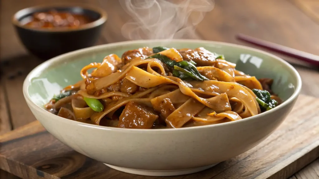 Noodles charring in a hot skillet with caramelized soy sauce, capturing the smoky wok hei effect