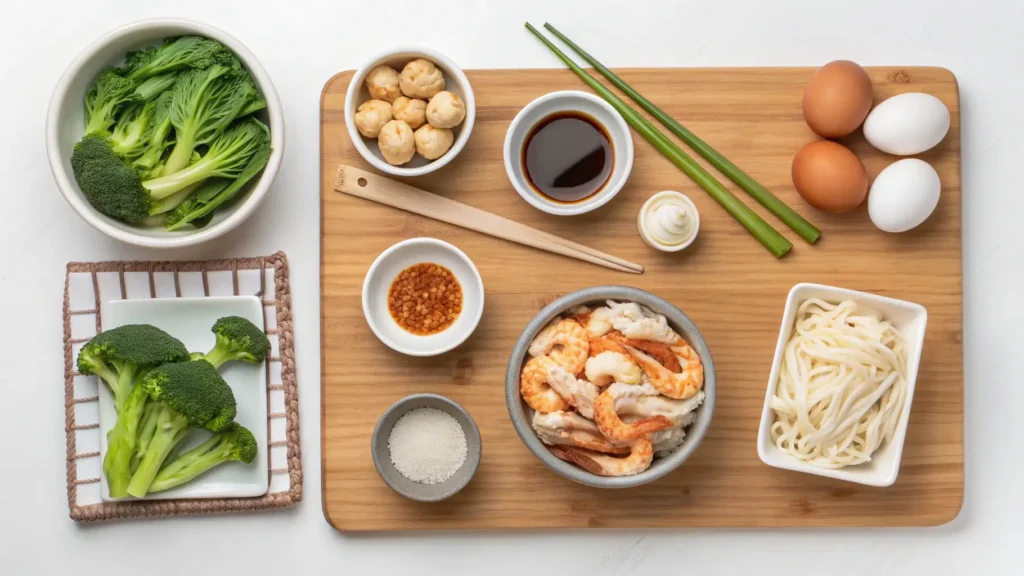 Essential Pad See Ew ingredients: rice noodles, soy sauces, chicken, Chinese broccoli, and oyster sauce on a kitchen counter