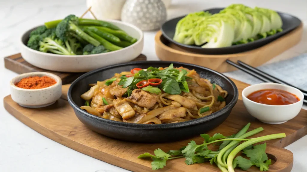 A plate of Pad See Ew noodles garnished with lime wedges and served with Thai chili vinegar, fresh cucumber salad, and Thai iced tea.