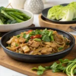 A plate of Pad See Ew noodles garnished with lime wedges and served with Thai chili vinegar, fresh cucumber salad, and Thai iced tea.