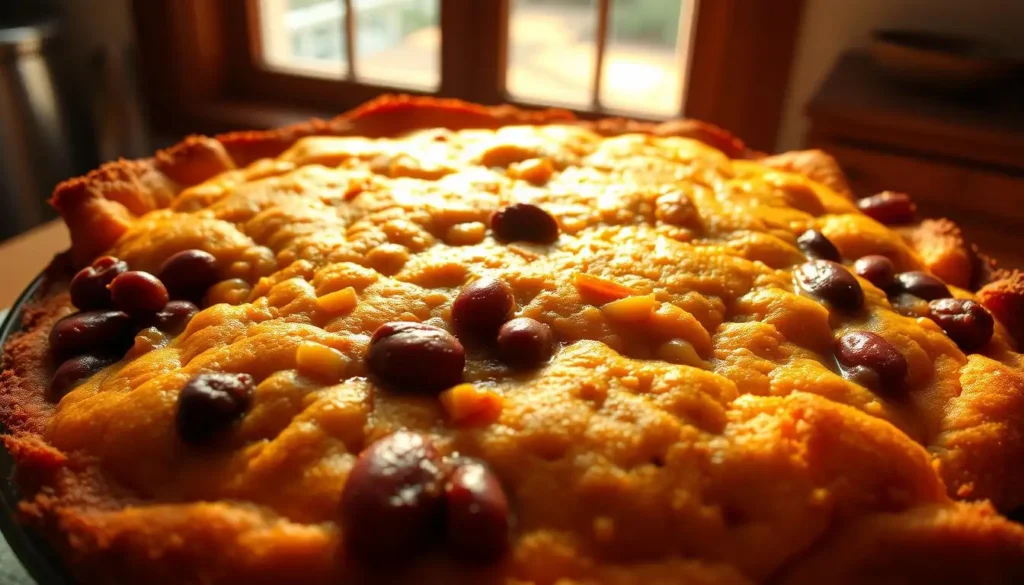 Golden-brown cornbread topping being perfectly baked over a savory casserole dish, with a crispy, textured crust.