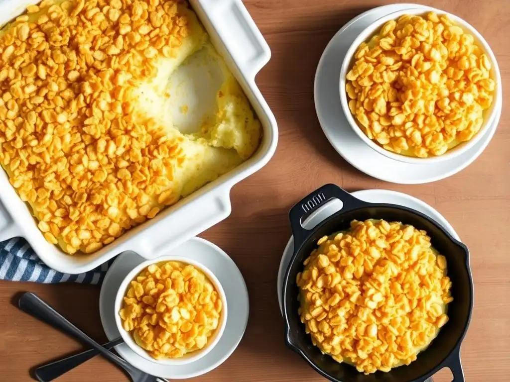 A platter of popular funeral potato variations, including versions with crushed cornflakes, bacon, green onions, and cheddar cheese.