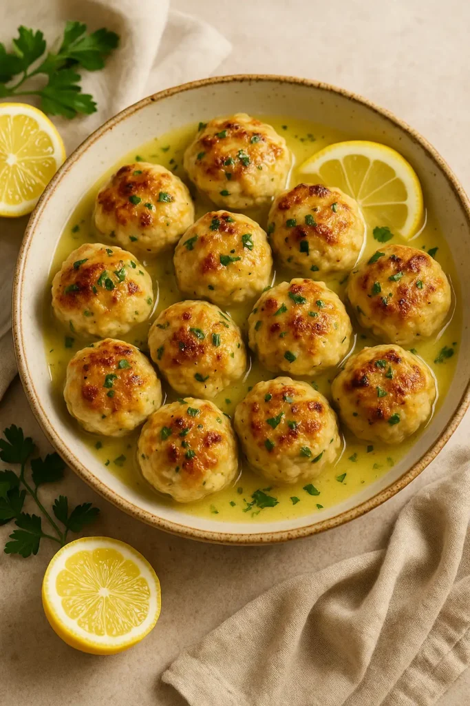 Close-up of lemon chicken ricotta meatballs in a skillet, golden-browned and sizzling in olive oil with fresh parsley and lemon zest sprinkled on top.