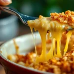Golden-brown funeral potatoes in a casserole dish, topped with crispy cornflakes and melted cheese.