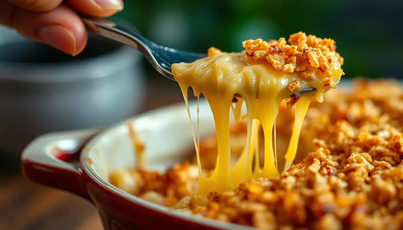 Golden-brown funeral potatoes in a casserole dish, topped with crispy cornflakes and melted cheese.