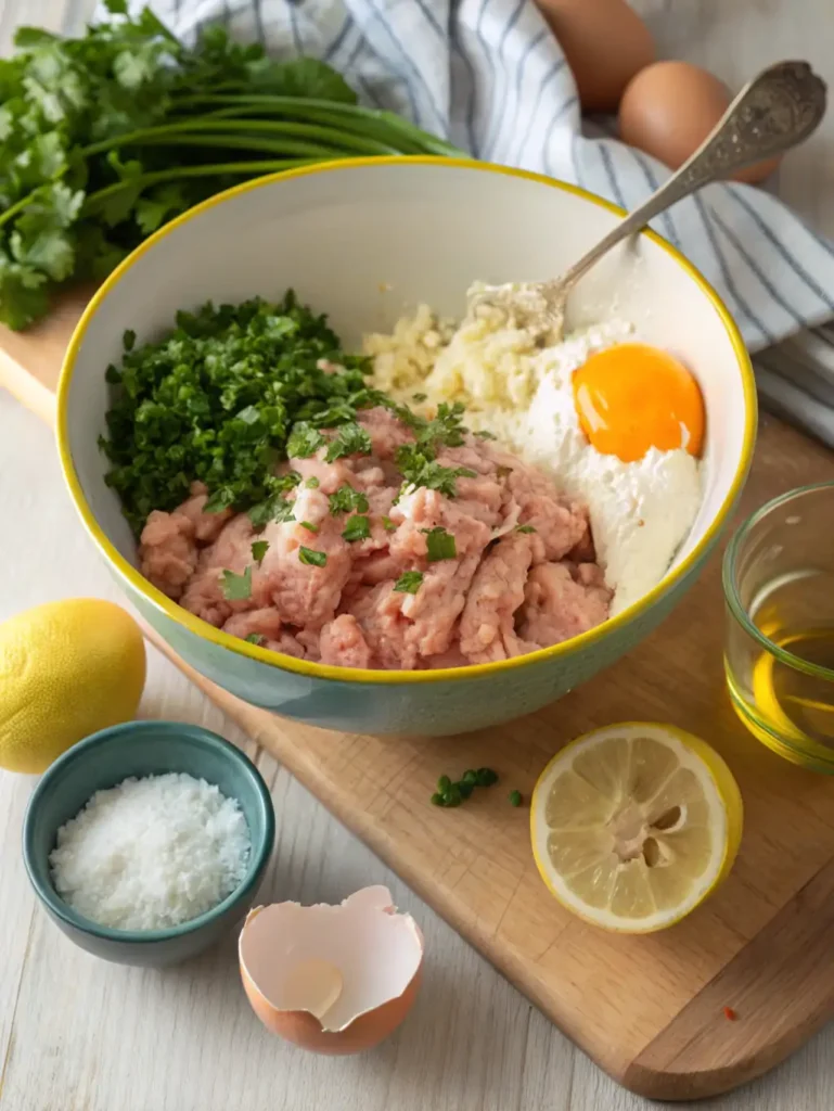 Ground chicken, ricotta, egg, lemon zest, garlic, and parsley in a mixing bowl before combining for meatballs.