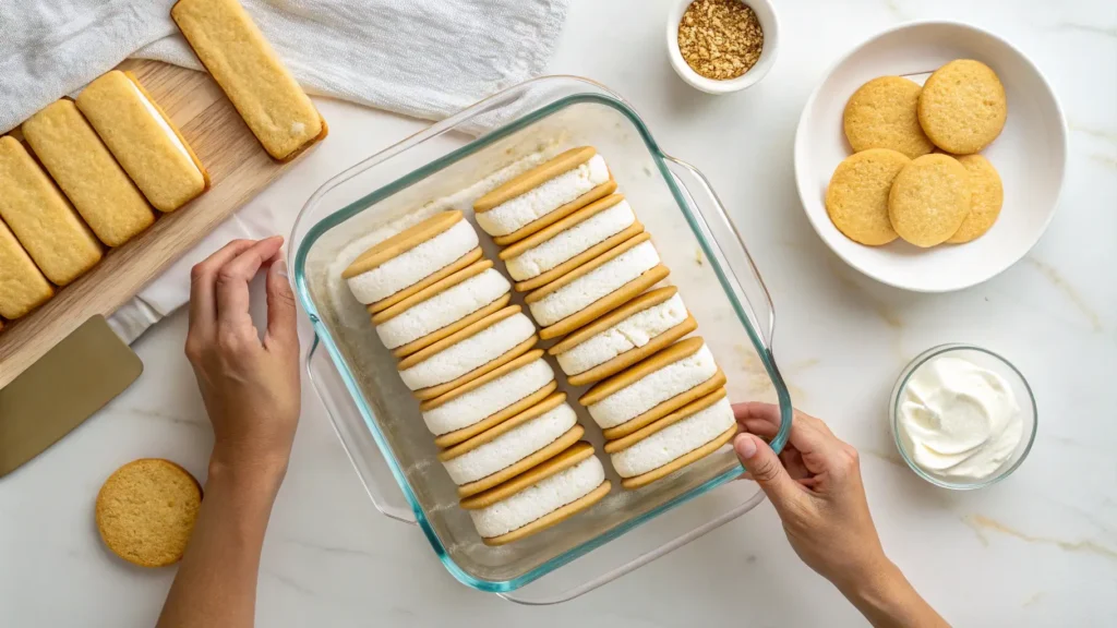 Step-by-step image showing layers of hot fudge ice cream bar dessert being assembled in a glass baking dish with ice cream sandwiches, whipped topping, and fudge sauce