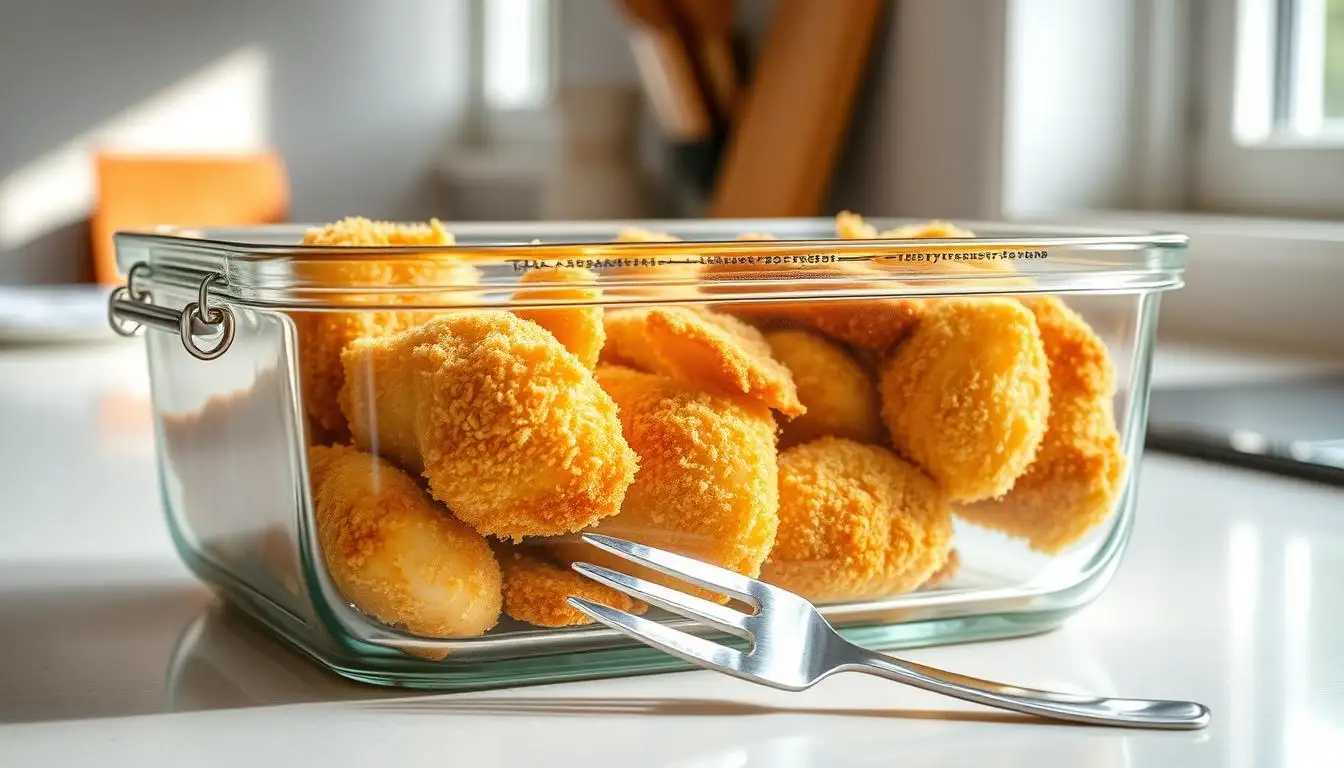 Parmesan crusted chicken breast in a meal prep container with side dishes, showcasing proper storage and reheating tips
