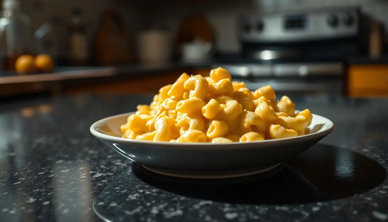 Gooey mac and cheese with golden, melted cheddar in a rustic bowl