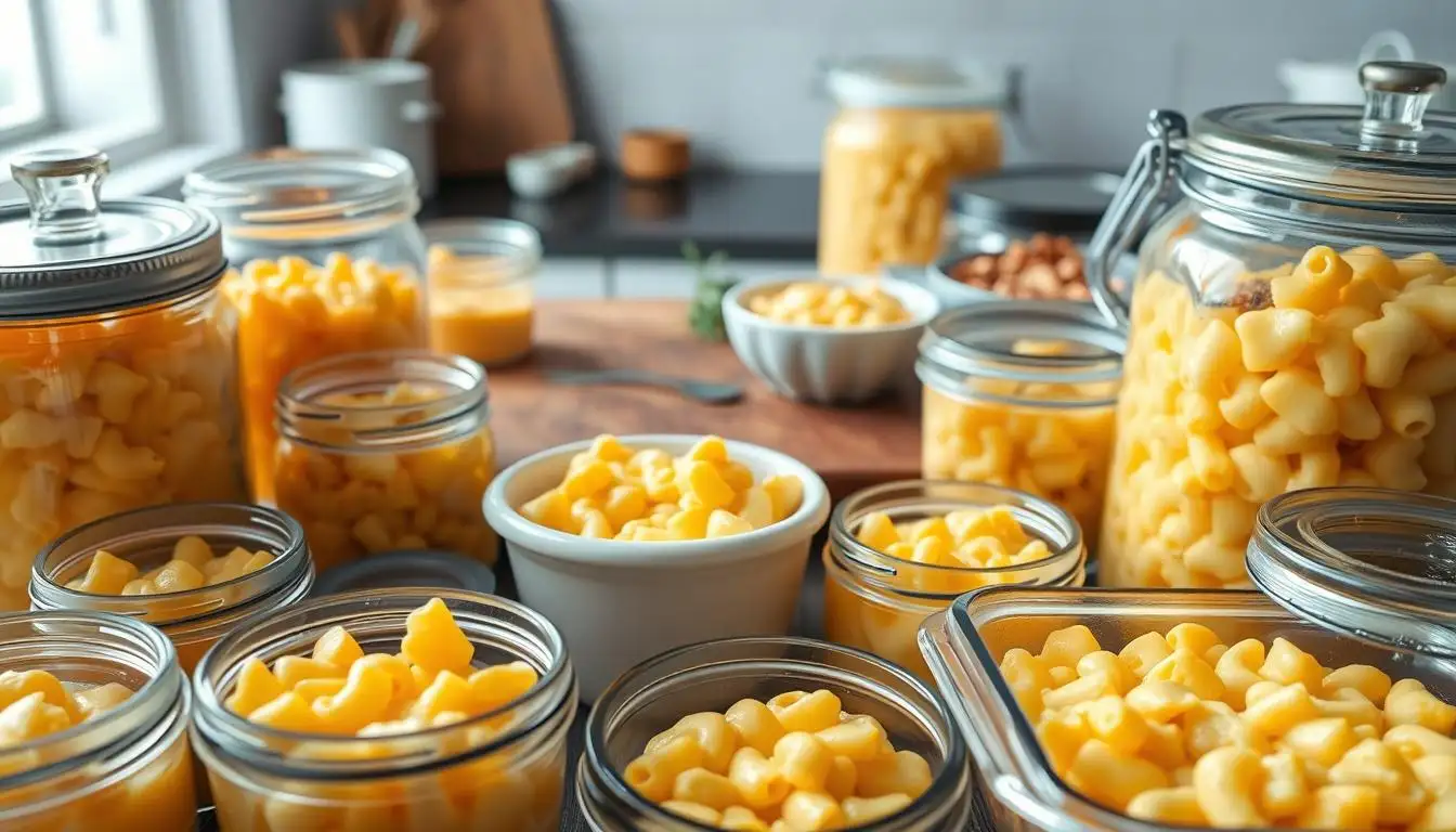 Leftover cheesy baked mac and cheese stored in a glass container with foil cover on a kitchen counter.