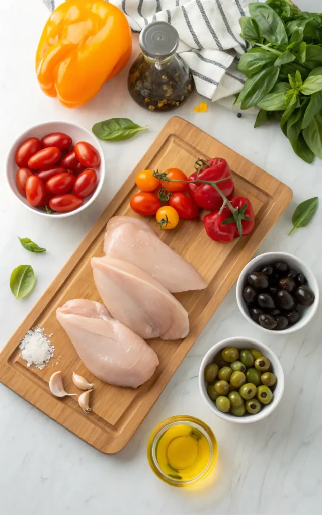 Overhead view of dairy-free, gluten-free Tuscan chicken ingredients neatly arranged on a kitchen counter.