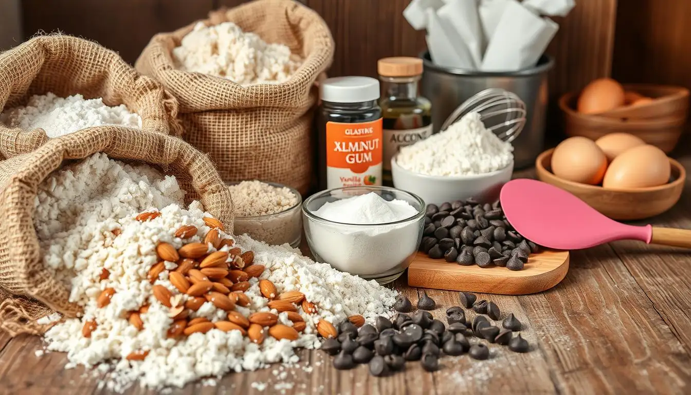Essential ingredients for baking a moist gluten-free chocolate cake, including almond flour, cocoa powder, eggs, and coconut oil.