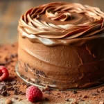 Moist gluten-free chocolate cake with rich frosting on a rustic plate