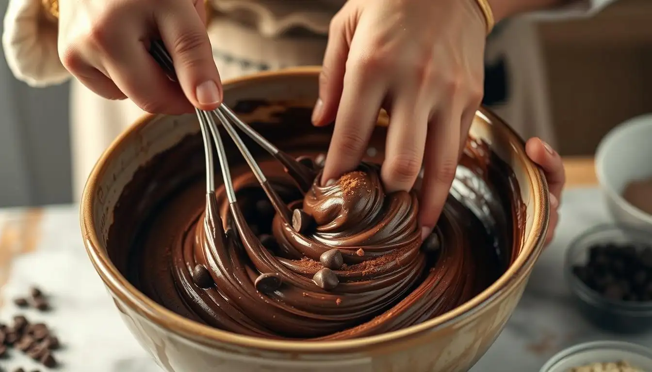 Hand mixing gluten-free chocolate cake batter in a glass bowl using a whisk for a smooth, lump-free texture
