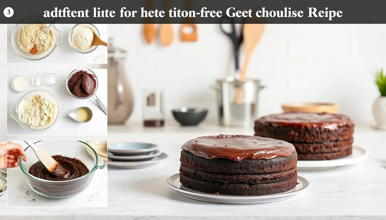 Step-by-step process of baking a moist gluten-free chocolate cake with rich cocoa and almond flour.