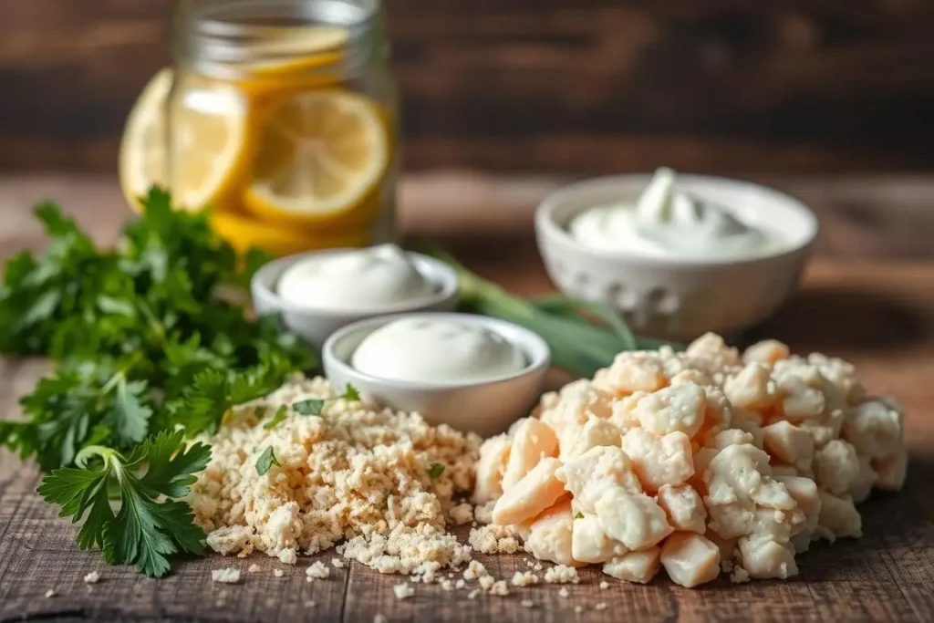 Dairy-free crab cake ingredients arranged on a wooden kitchen counter