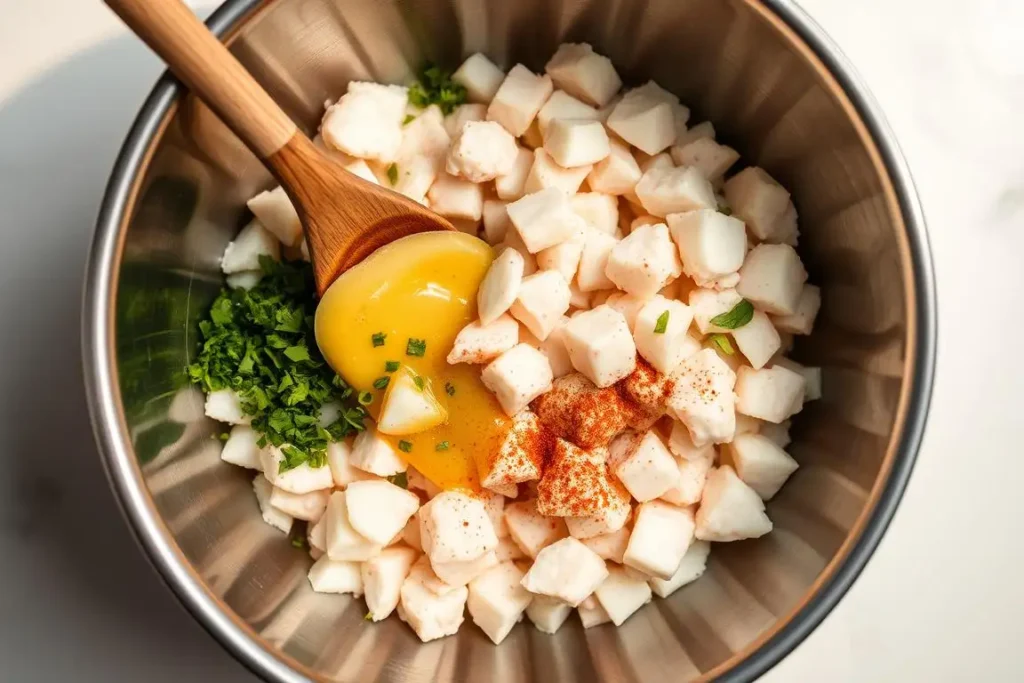 Hands mixing dairy-free crab filling with herbs and seasoning in a glass bowl