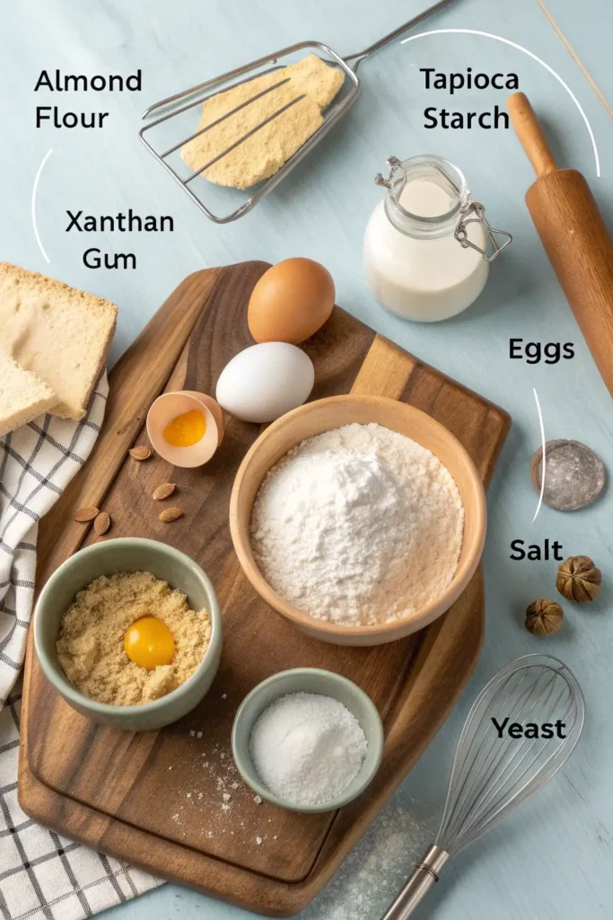 Top view of essential gluten-free bread ingredients including flours, starches, yeast, and flaxseed on a rustic kitchen counter