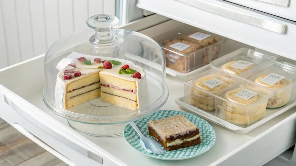Gluten-free vanilla cake slices wrapped in parchment paper, stored in a clear glass cake dome and labeled plastic containers inside a freezer drawer
