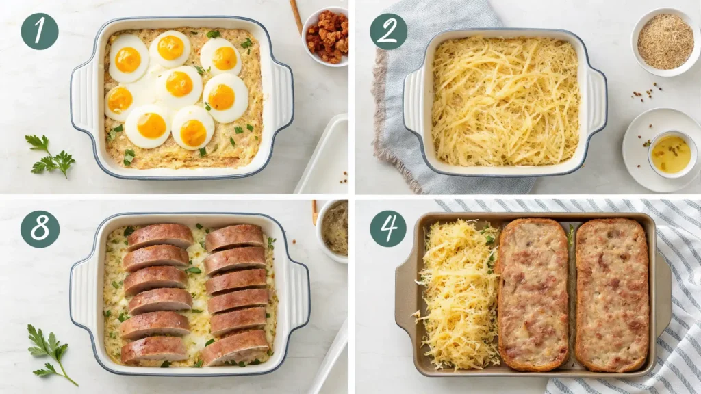 Step-by-step preparation of a sausage hashbrown breakfast casserole with layers of cooked sausage, shredded hashbrowns, melted cheese, and creamy eggs in a baking dish.