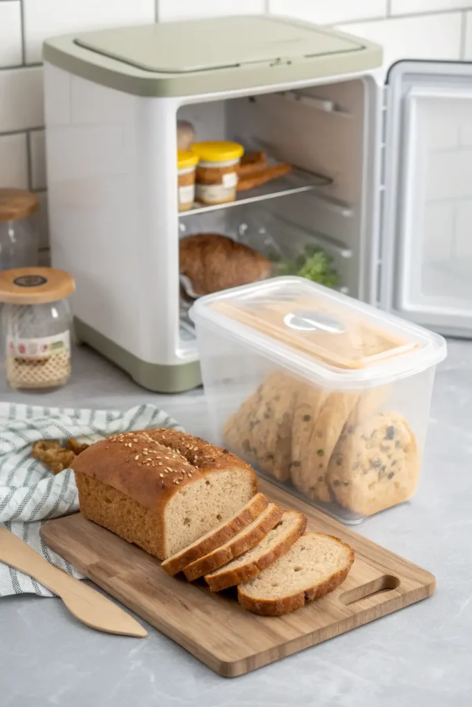 Sliced gluten-free bread in a storage container with a side of toasted slices and toppings