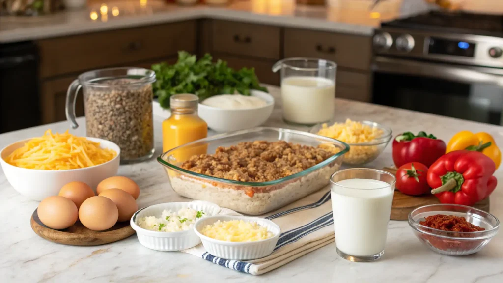 Fresh ingredients including sausage, shredded hashbrowns, eggs, cheese, milk, and seasoning bowls for making a breakfast casserole.