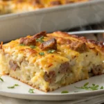 Gluten-free sausage hashbrown breakfast casserole baked golden with melted cheese and fresh herbs on top.