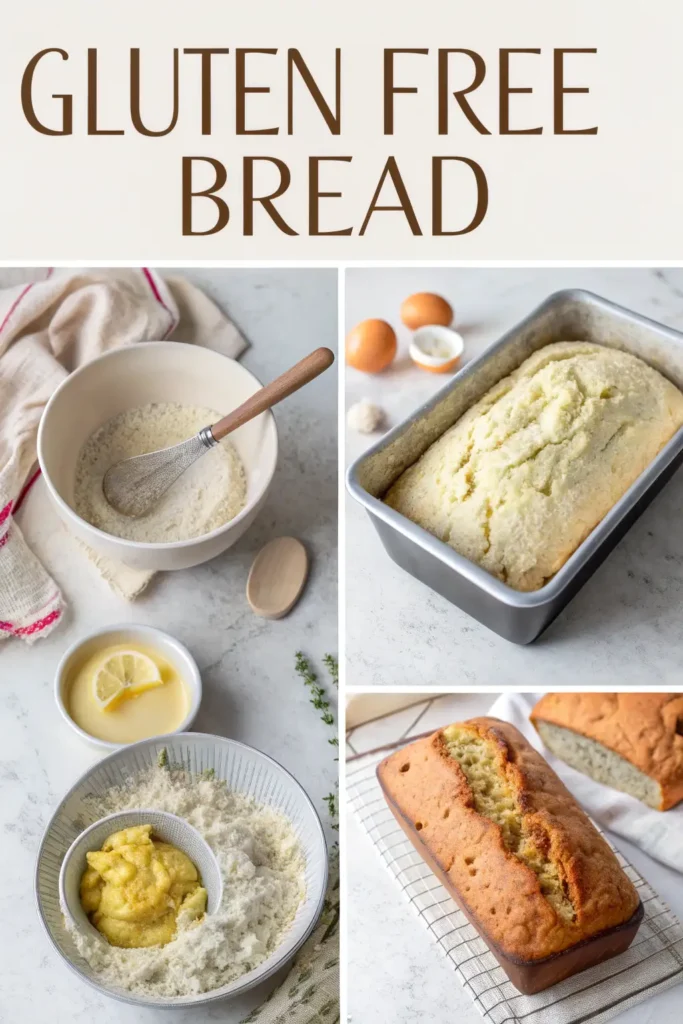 Person mixing gluten-free bread dough in a glass bowl, surrounded by ingredients on a rustic kitchen counter