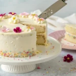 A moist and fluffy gluten-free vanilla cake frosted with creamy vanilla buttercream, topped with fresh berries and edible flowers on a rustic wooden table