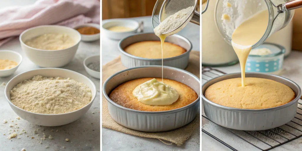 Step-by-step images showing how to make a gluten-free vanilla cake from scratch, including mixing ingredients, pouring batter, and baking in the oven